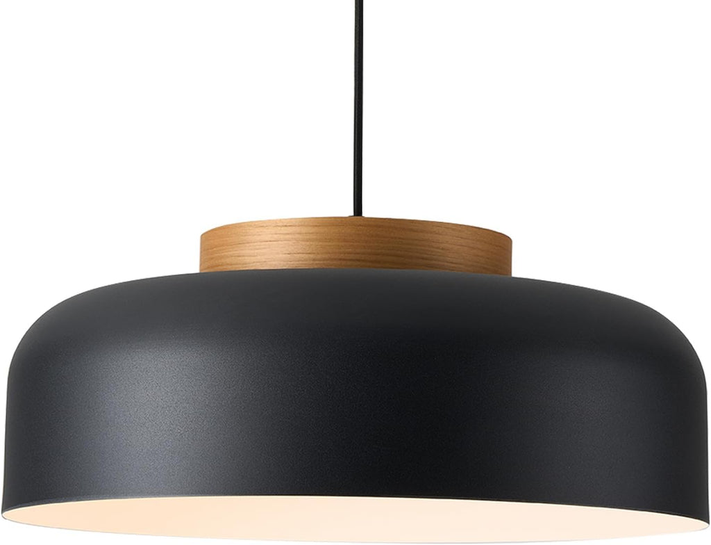 Wood Cap Matte Black Dome Pendant Light