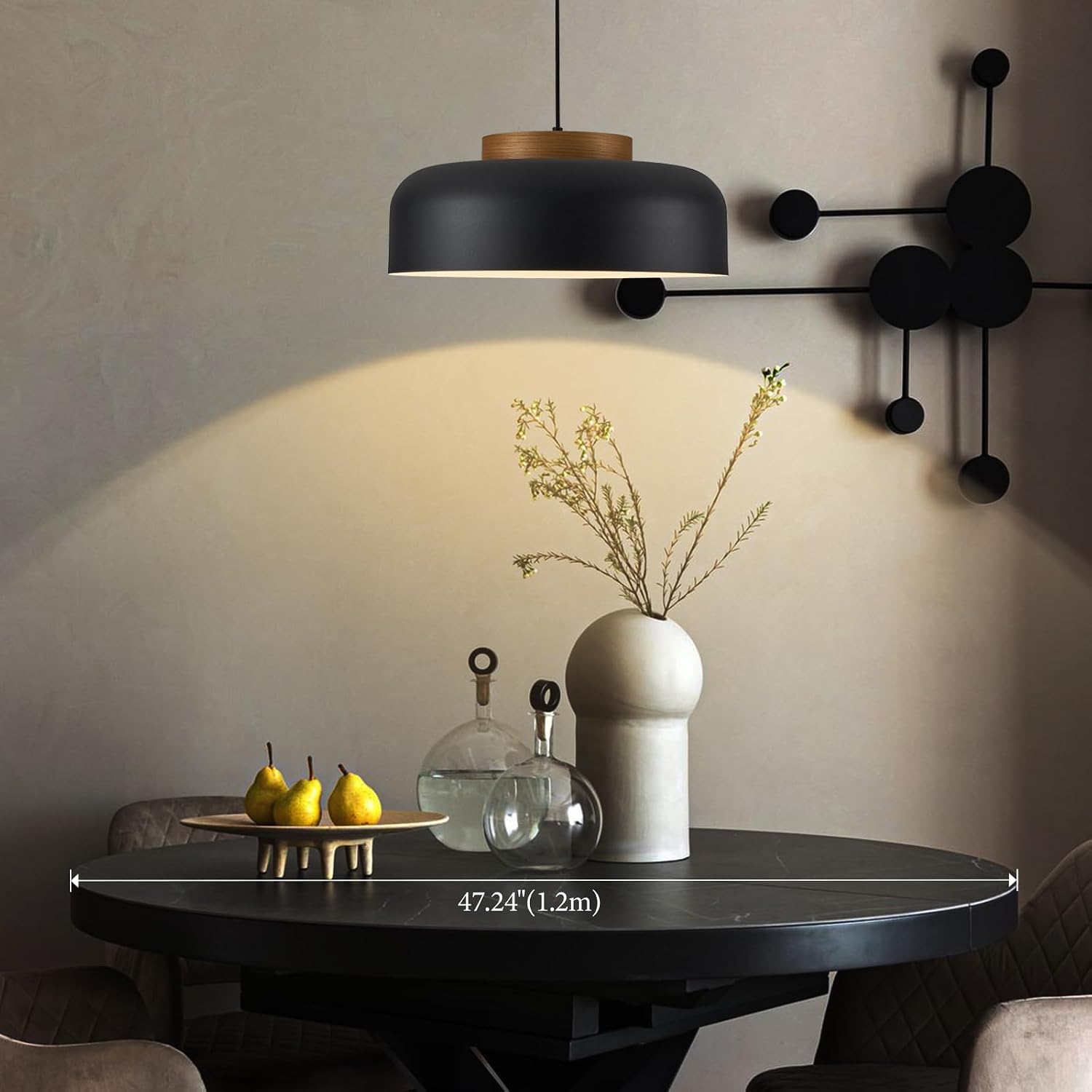 Wood Cap Matte Black Dome Pendant Light