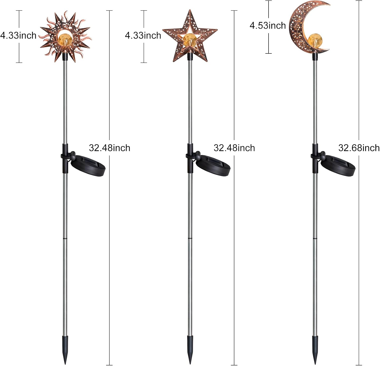 3-Pack Sun Moon Star Solar Stake Lights