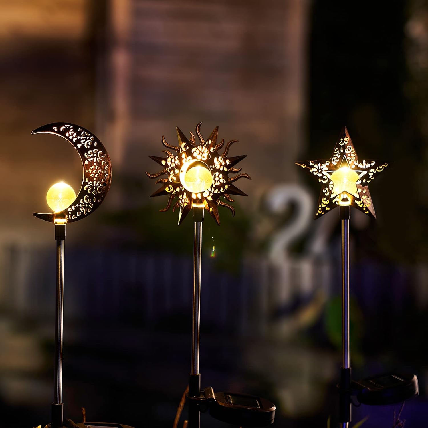 3-Pack Sun Moon Star Solar Stake Lights
