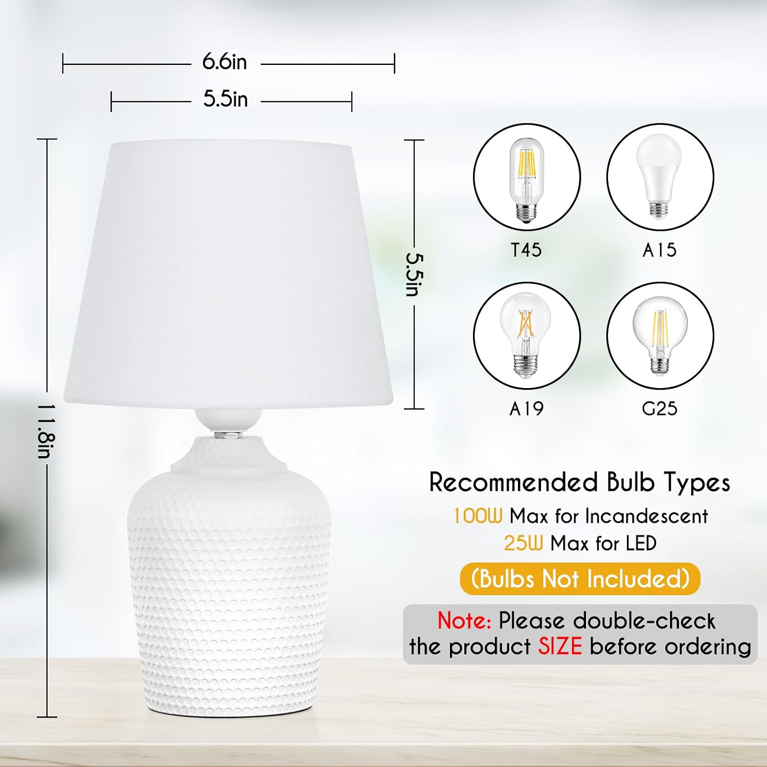 2-Pack White Small Bedside Table Lamps