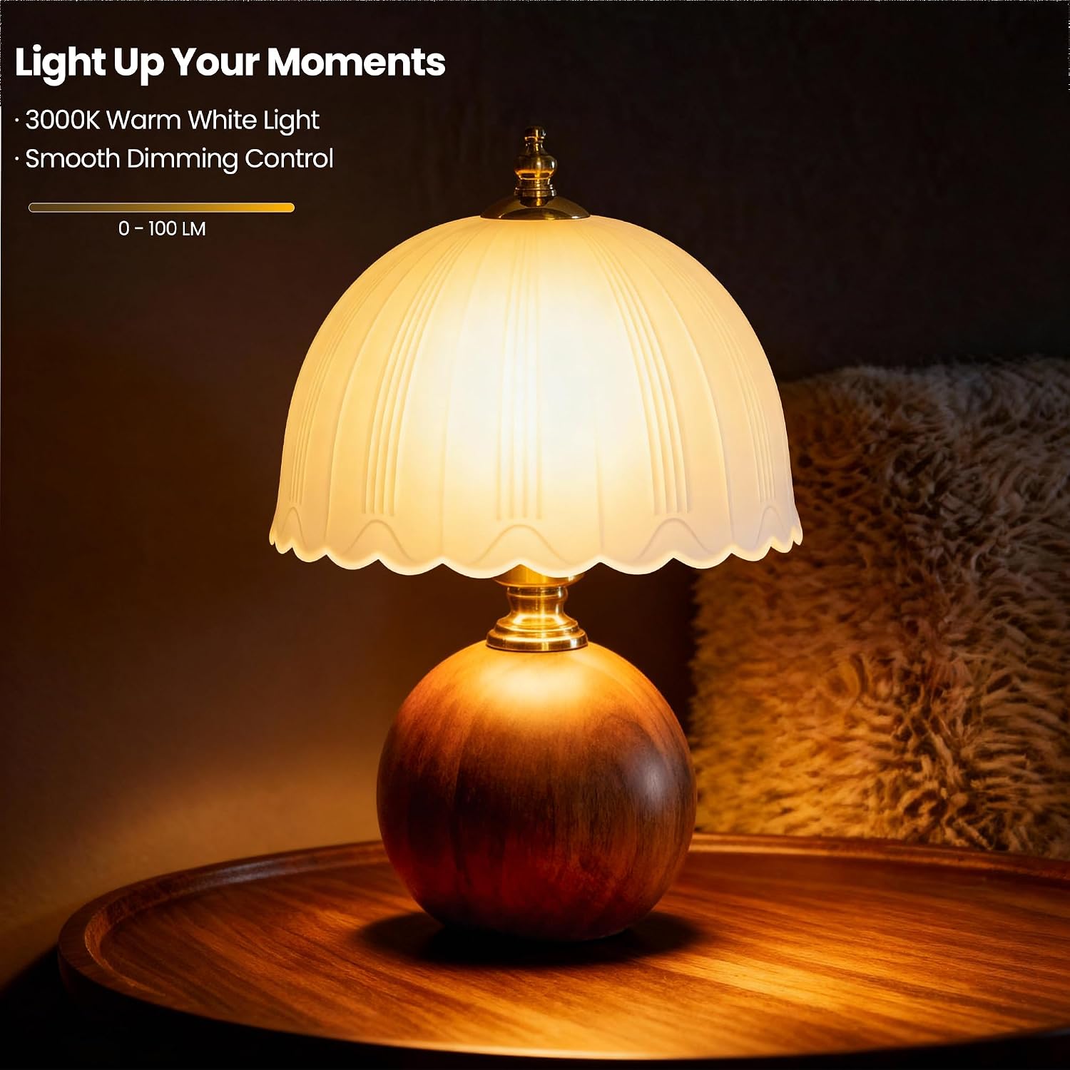 White Wooden Glass Shade Table Lamp