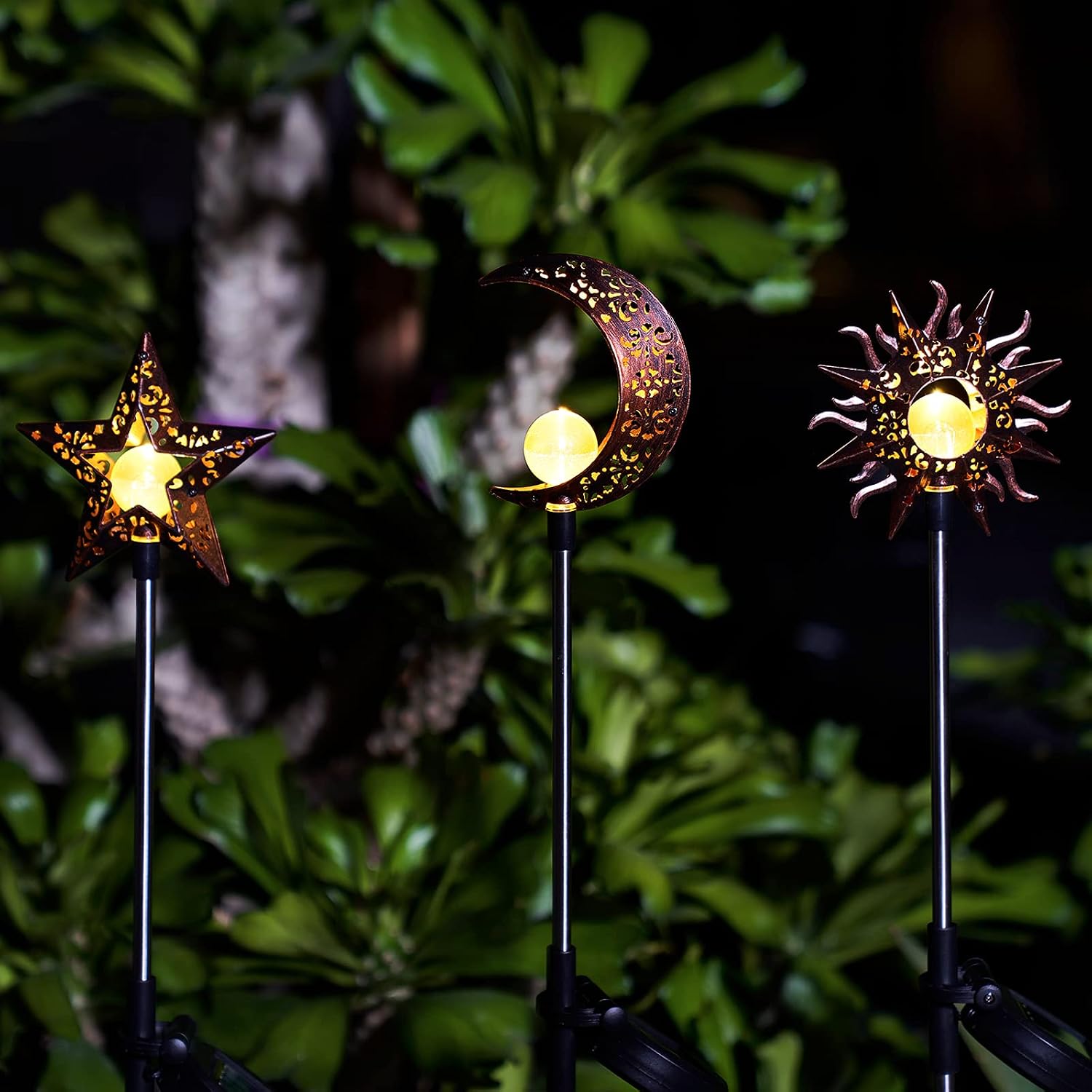3-Pack Sun Moon Star Solar Stake Lights