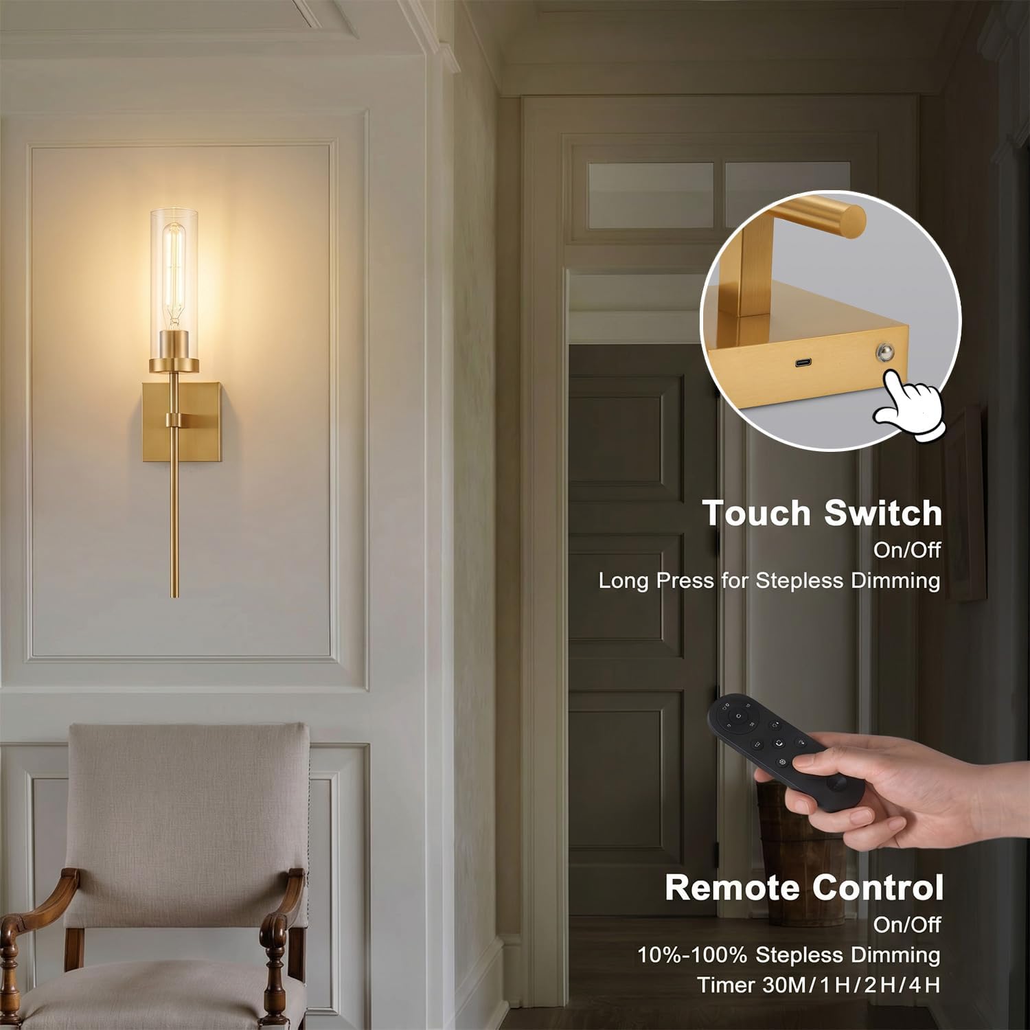 2-Pack Battery Operated Gold Wall Sconces