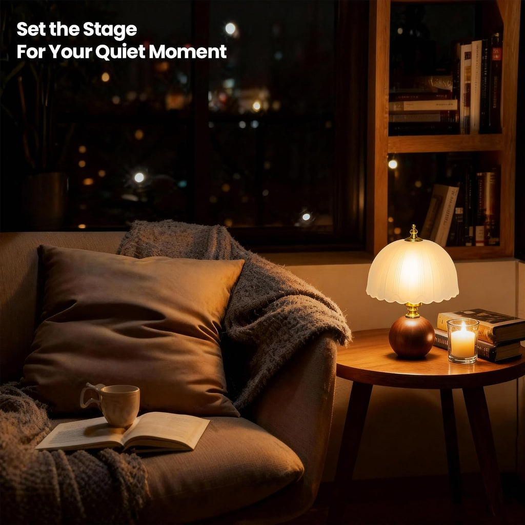 White Wooden Glass Shade Table Lamp