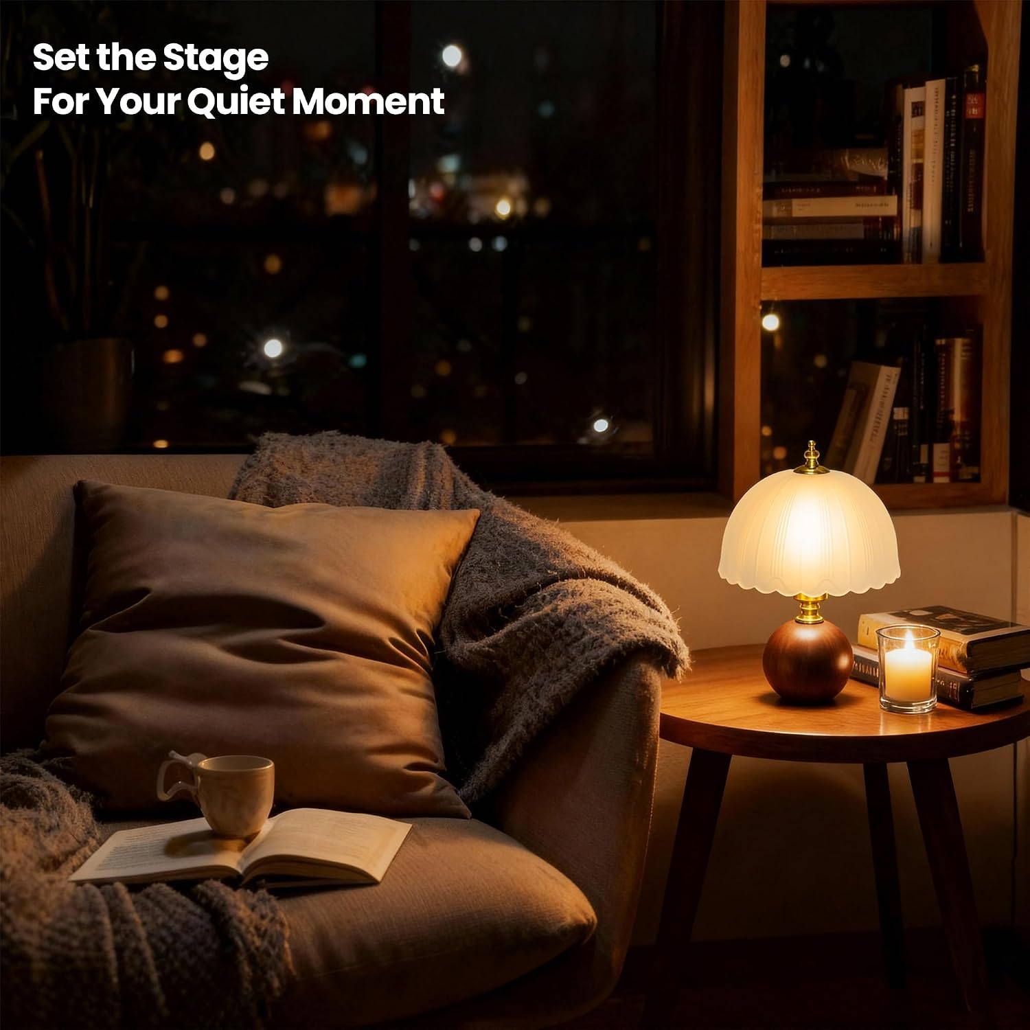 White Wooden Glass Shade Table Lamp