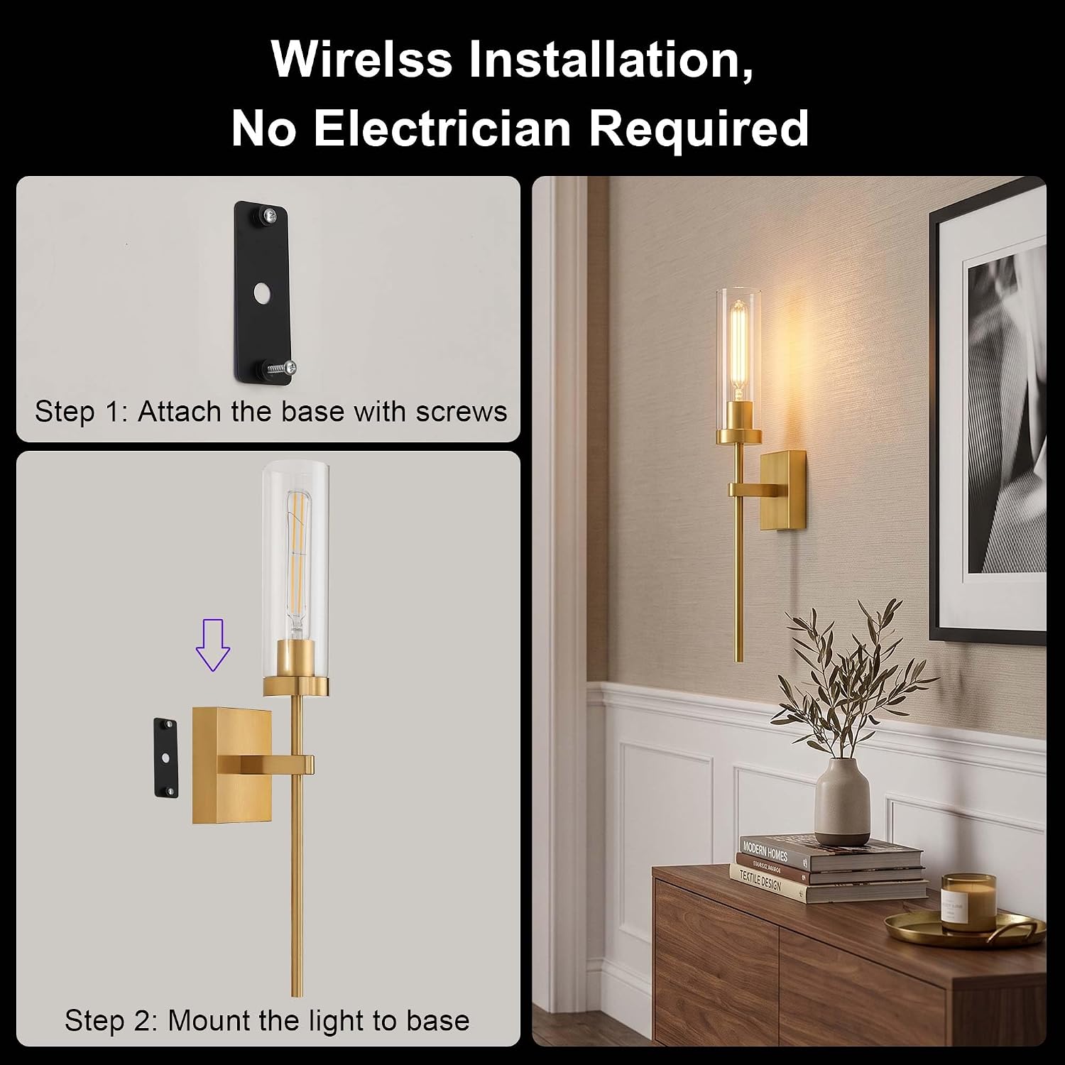 2-Pack Battery Operated Gold Wall Sconces