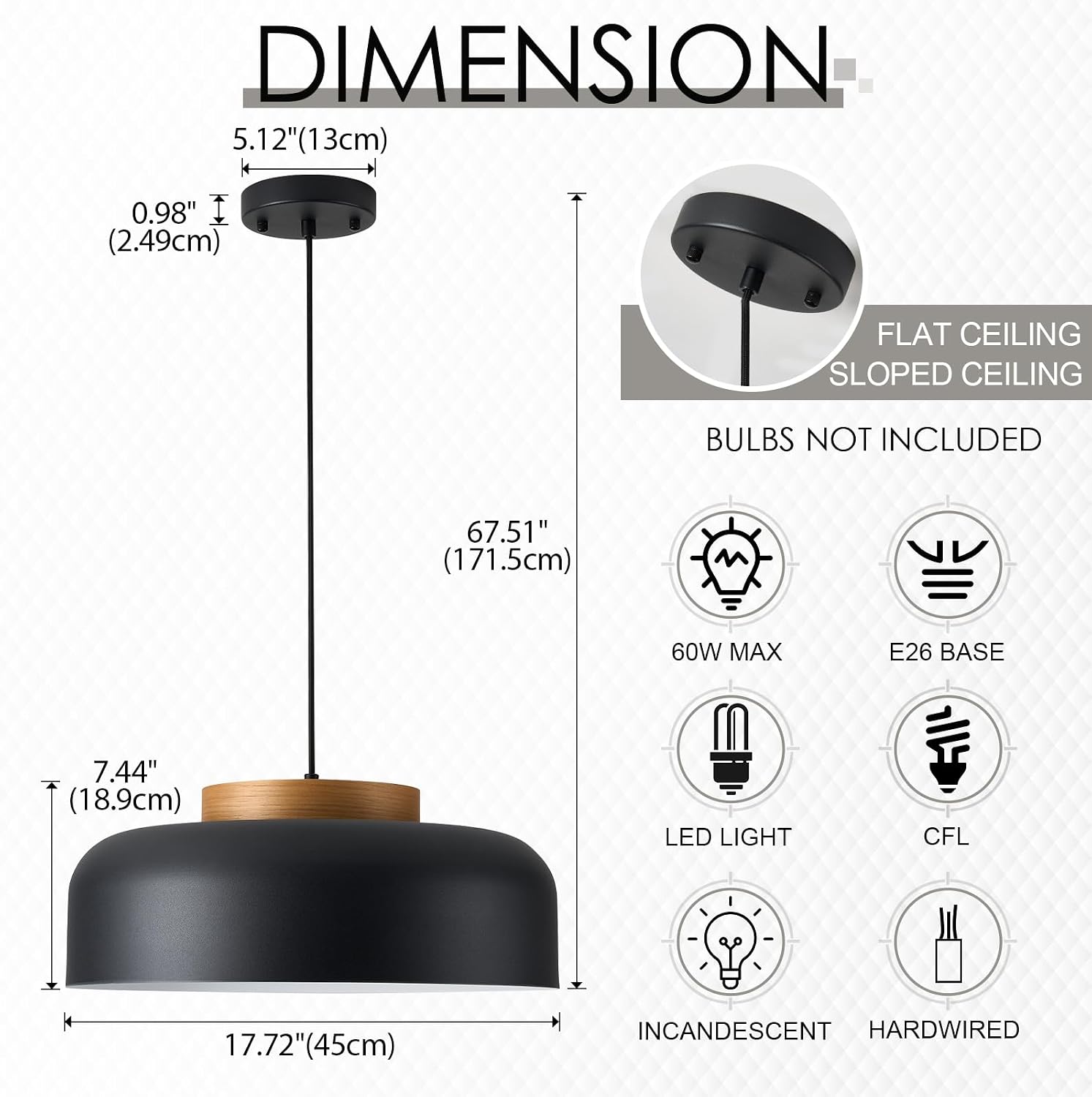 Wood Cap Matte Black Dome Pendant Light