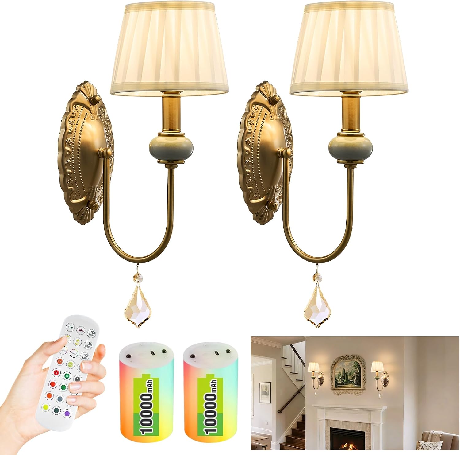 2-Pack Vintage Crystal Wireless Wall Sconces
