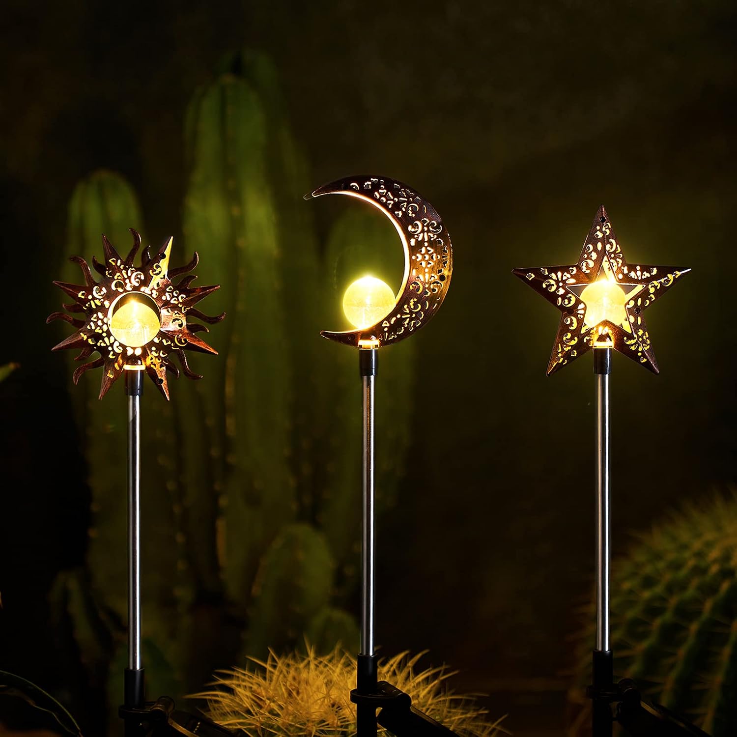 3-Pack Sun Moon Star Solar Stake Lights