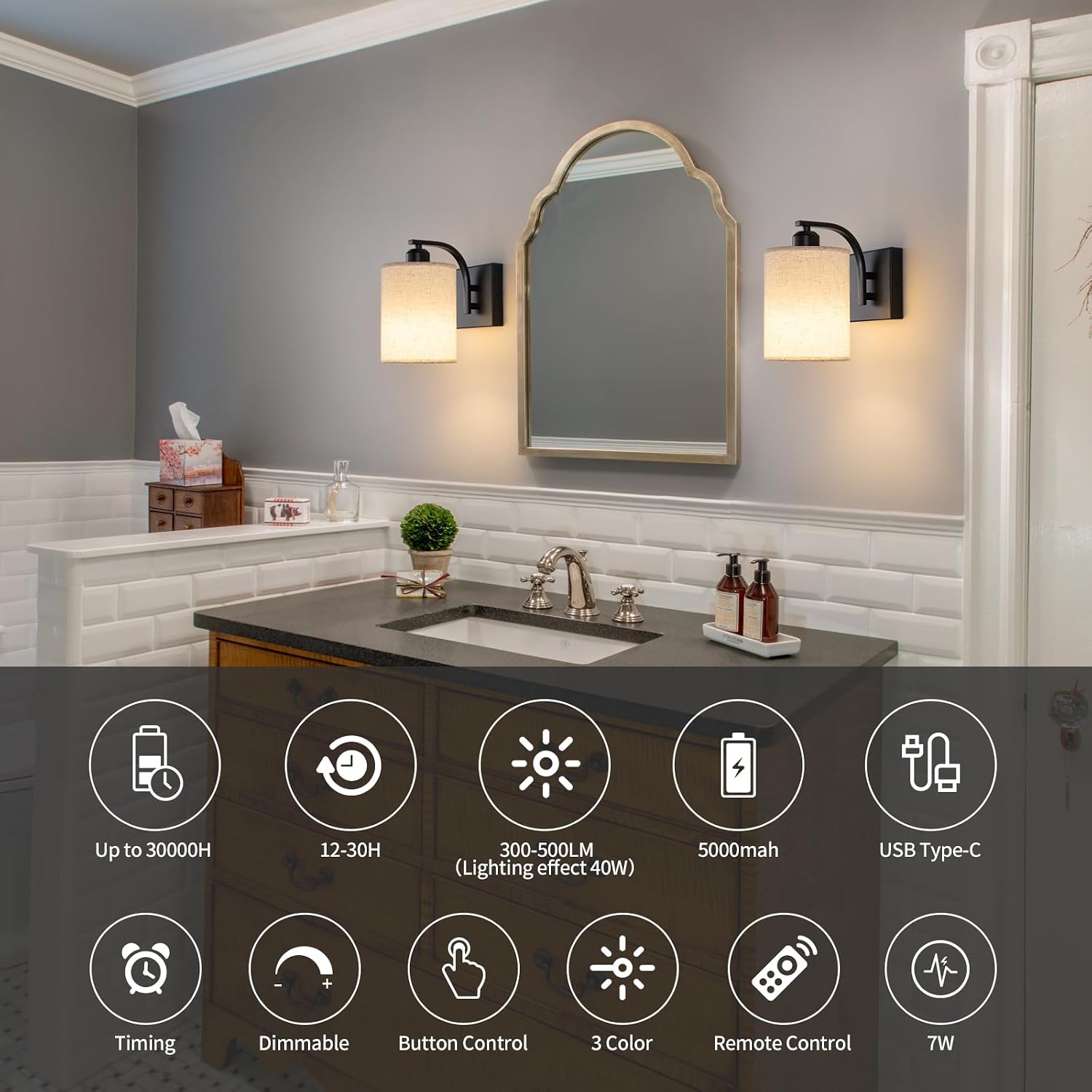 2-Pack Black Wireless Rechargeable Wall Sconces