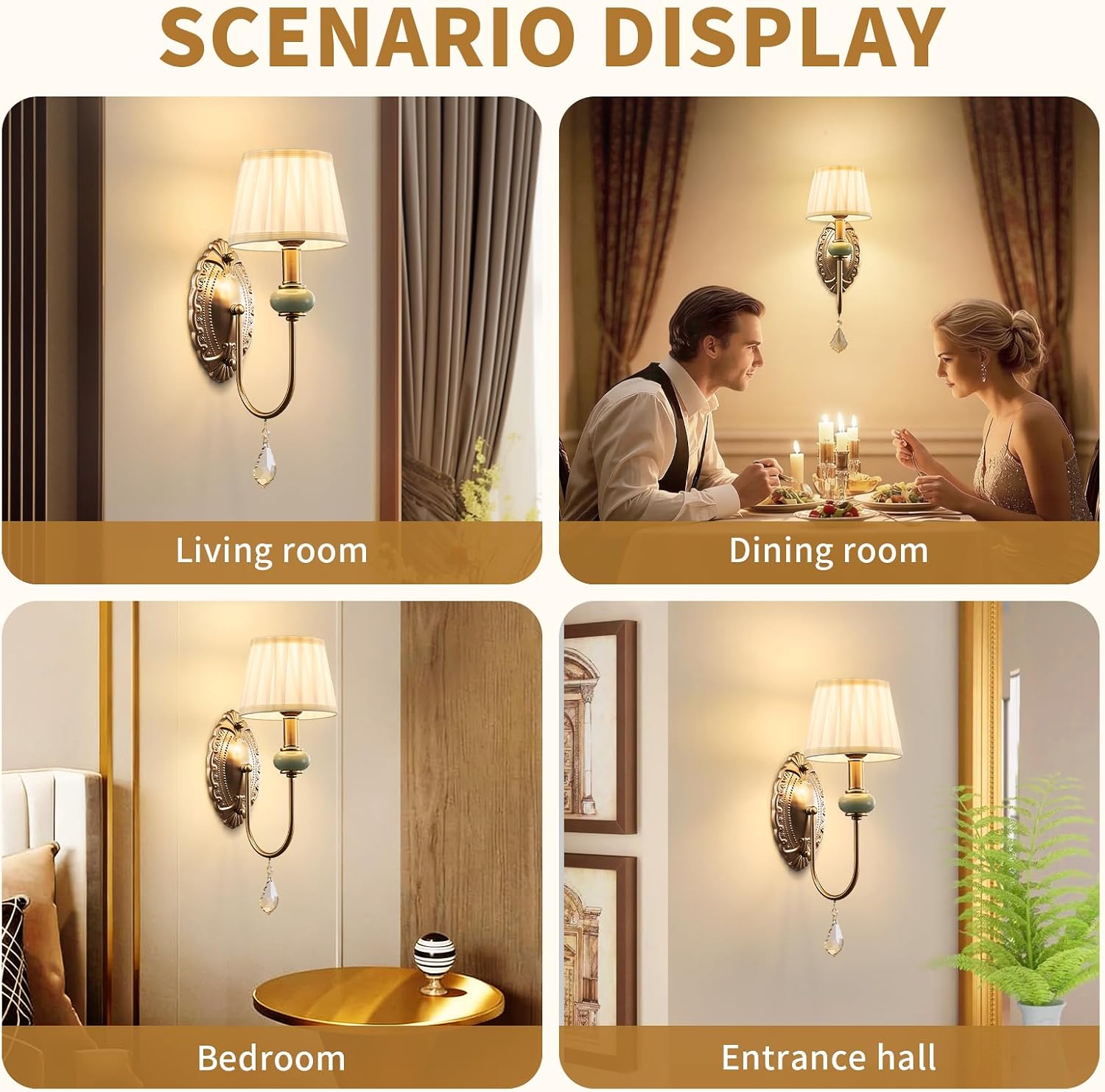 2-Pack Vintage Crystal Wireless Wall Sconces
