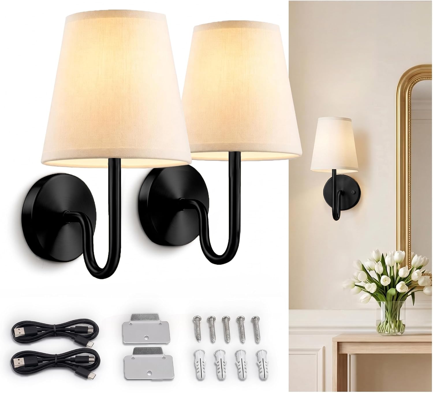 2-Pack Black Rechargeable Wall Sconces