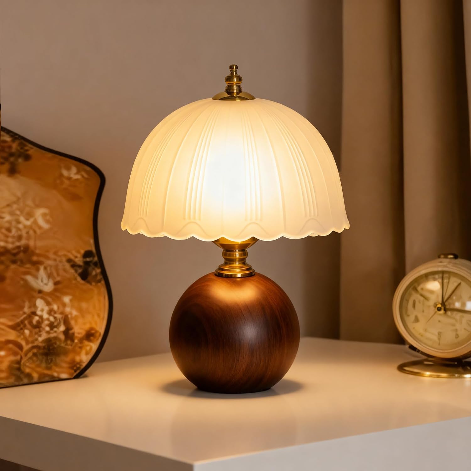 White Wooden Glass Shade Table Lamp
