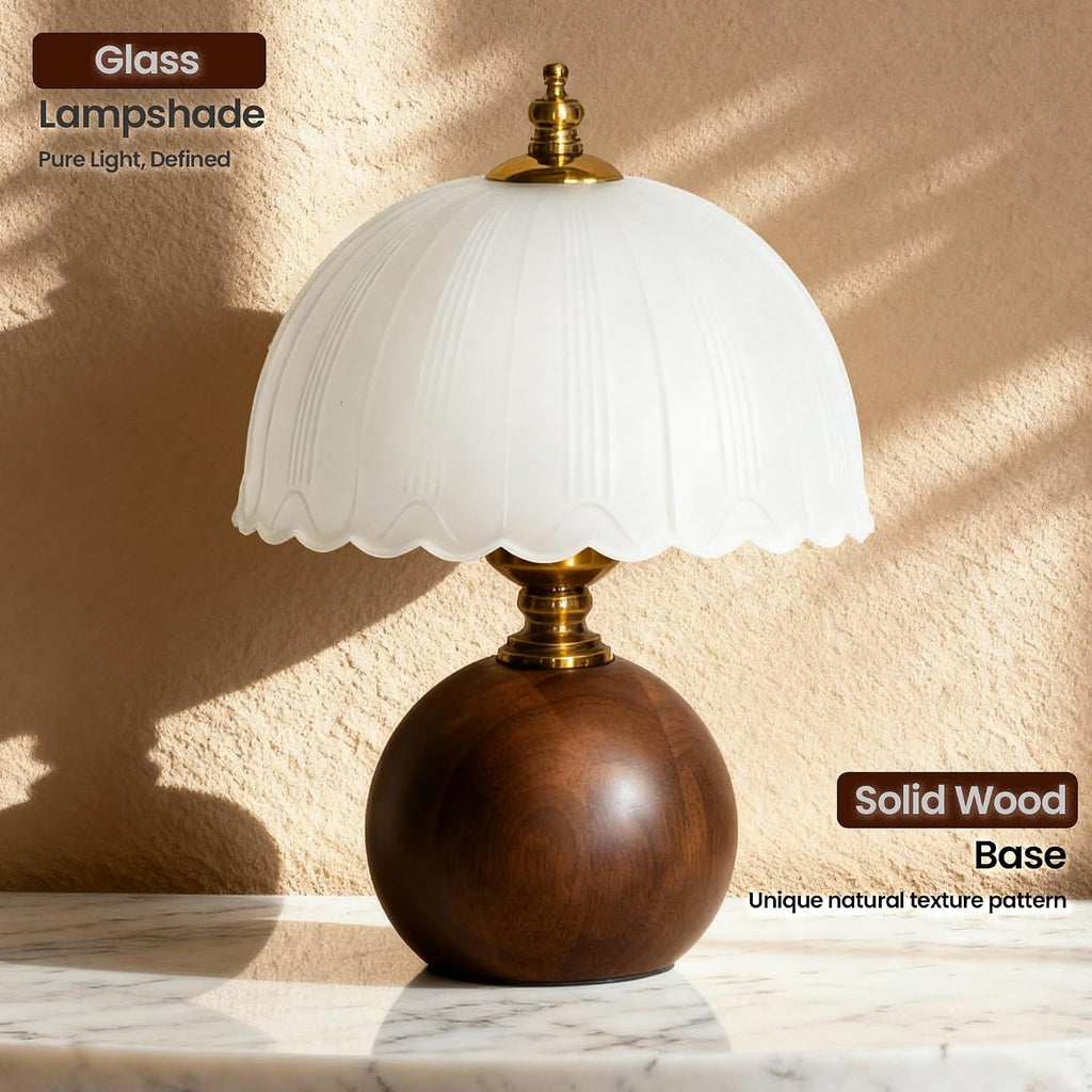White Wooden Glass Shade Table Lamp