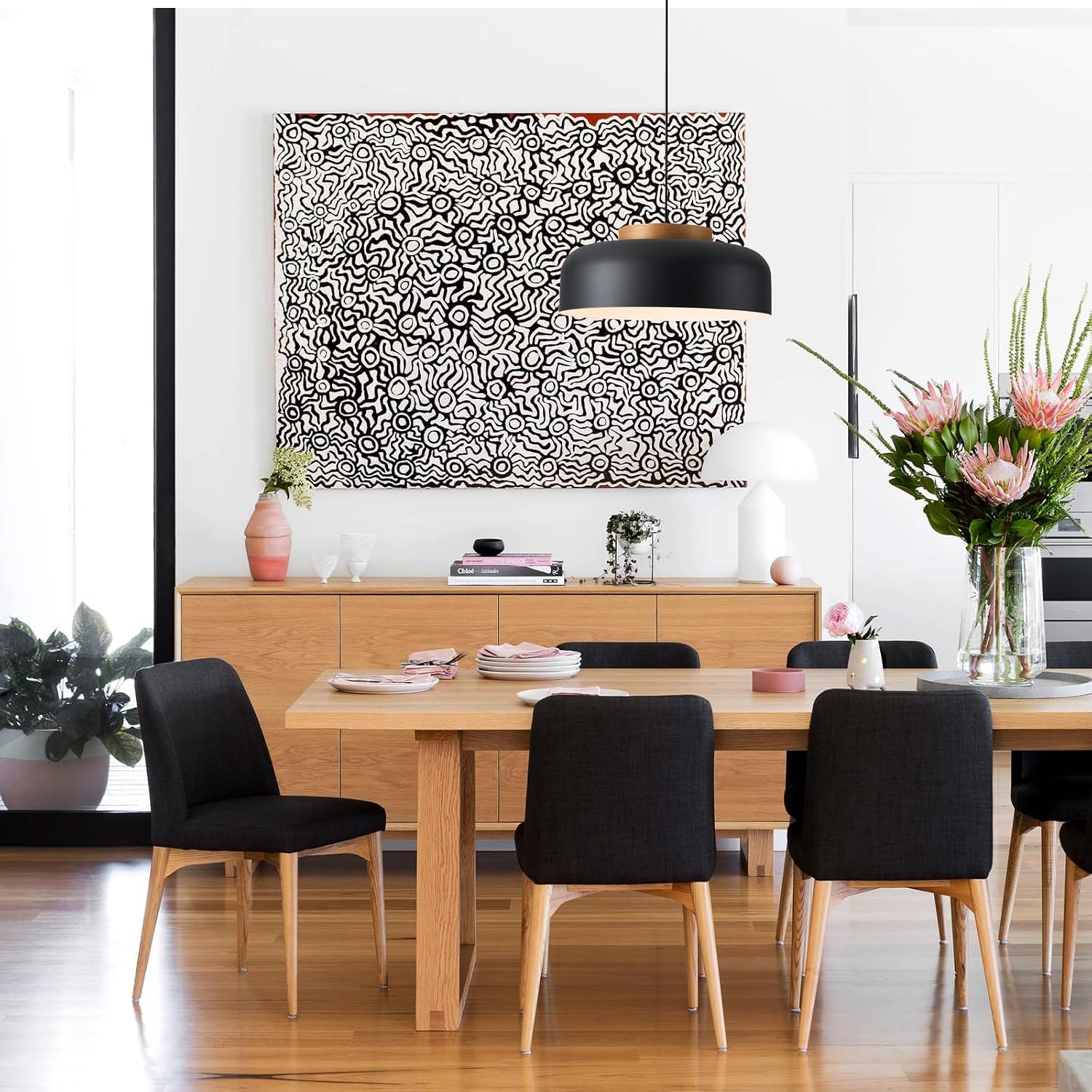 Wood Cap Matte Black Dome Pendant Light