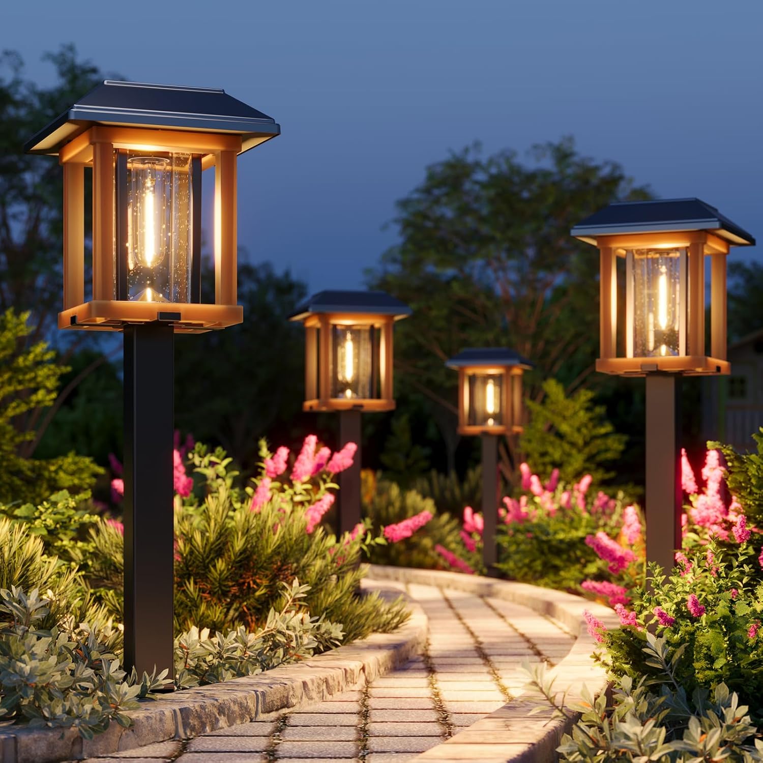 4-Pack Vintage Glass Metal Solar Pathway Lights