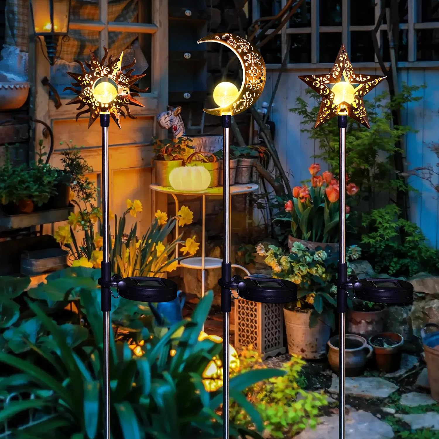 3-Pack Sun Moon Star Solar Stake Lights